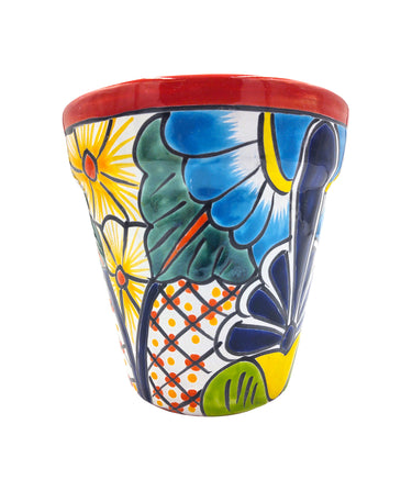 Mexican Talavera Hand Painted Planter Pot (Maceta Ranchera #20) - Traditional Ceramic Garden & Home Décor - Red Trim